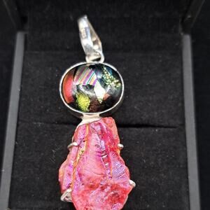 Pink Titanium Aura Quartz Dichroic Glass Crystal, 925 Silver Plated Pendant, 2.5